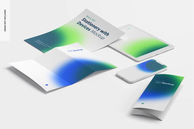 Stationery With Devices Mockup, Perspective View Psd
