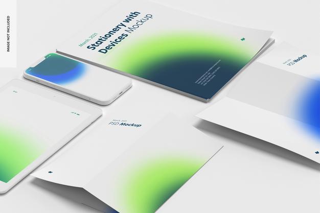 Stationery With Devices Set Mockup Psd