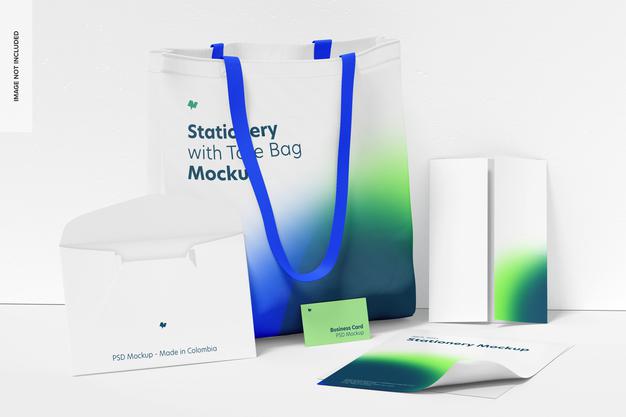 Stationery With Tote Bag Mockup, Leaned Psd