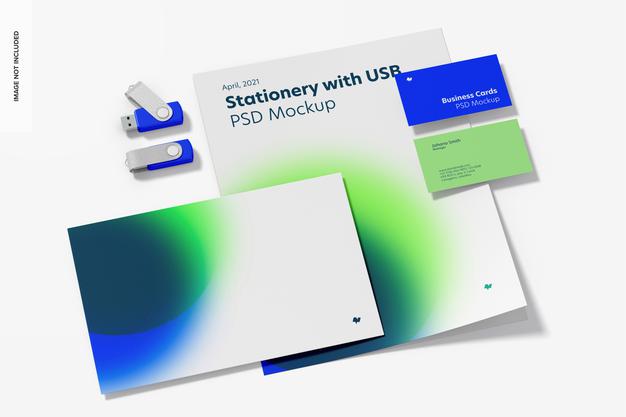 Stationery With Usb Flash Drives Mockup, Perspective Psd