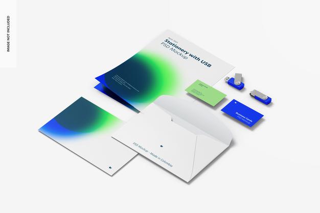 Stationery With Usb Flash Drives Mockup, Rigth View Psd