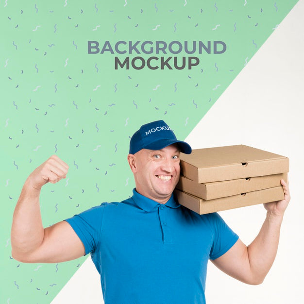Strong Delivery Man Holding A Bunch Of Pizza Boxes Psd