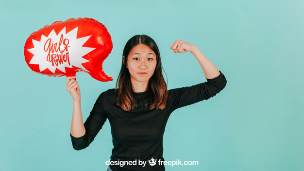 Strong Woman With Speech Balloon Mockup Psd