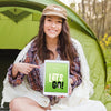 Summer Camp Mockup With Woman Pointing At Tablet Psd