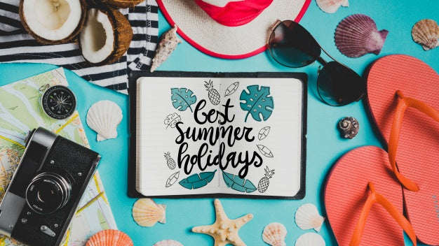 Summer Composition With Open Leather Book Psd