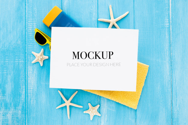 Summer Concept Mock Up On Blue Wood Background Psd