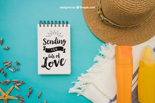 Summer Decoration With Notepad On Blue Background Psd