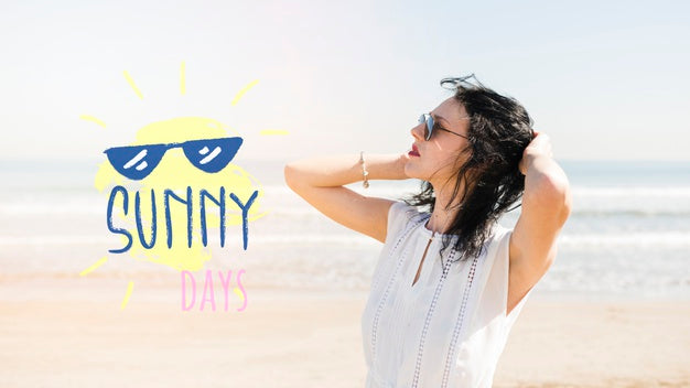 Sunny Days Girl On The Beach Mockup Psd