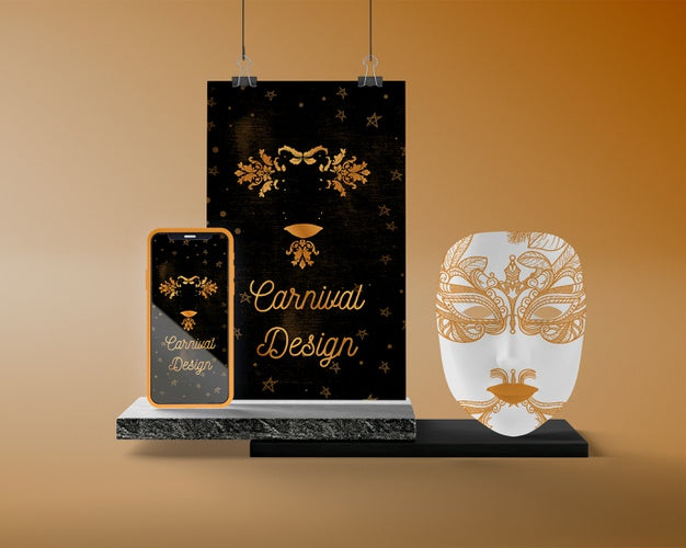 Support With Carnival Mask And Phone Psd
