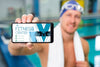 Swimmer Holding A Mobile Phone With Fitness Center Landing Page Psd