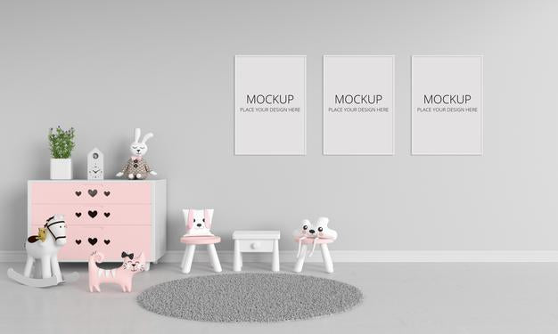 Table And Chairs In Gray Child'S Room With Frames Mockup Psd