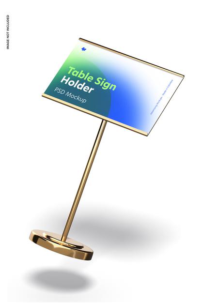 Table Sign Holder Metallic Base Mockup, Falling Psd