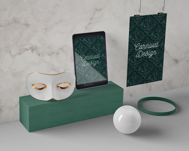 Tablet And Mask Prepared For Carnival Psd