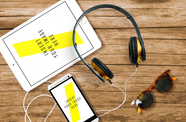 Tablet And Phone On Wooden Desktop Mock Up Psd