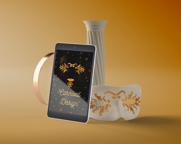Tablet Beside Carnival Decorations Psd