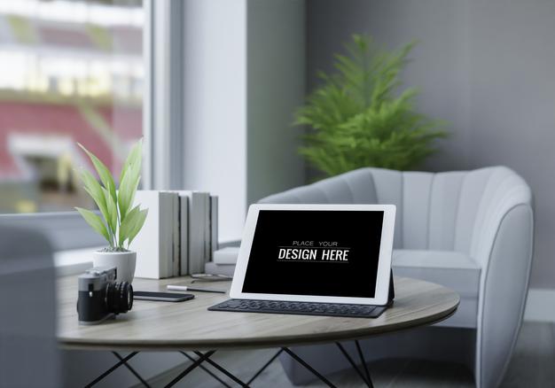 Tablet Computer On Table Mockup Psd