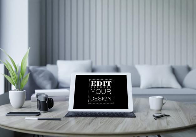 Tablet Computer On Table Mockup Psd