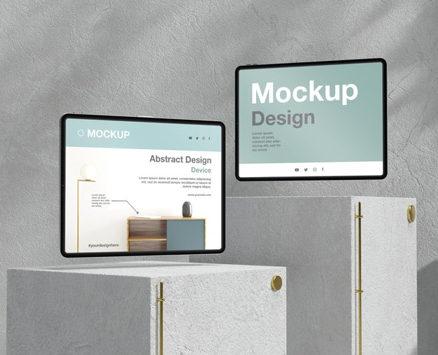Tablet Mock-Up Assortment With Stone And Metallic Elements Psd
