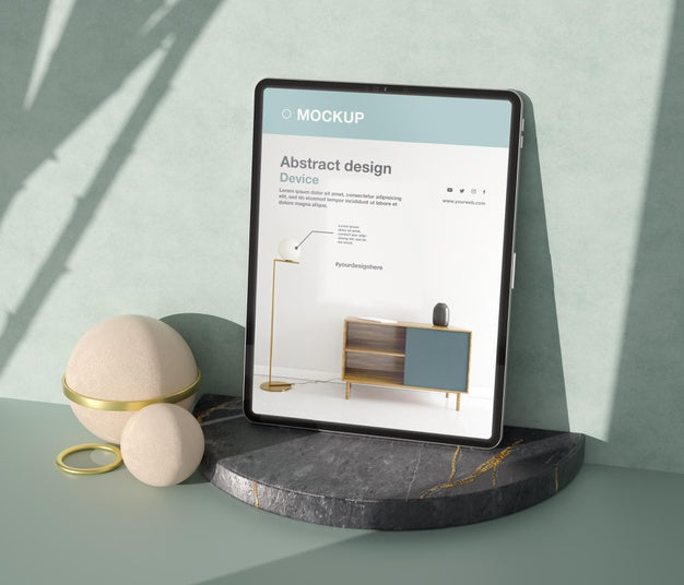 Tablet Mock-Up Composition With Stone And Metallic Elements Psd