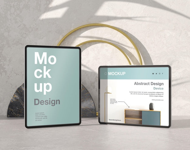 Tablet Mock-Up Composition With Stone And Metallic Elements Psd