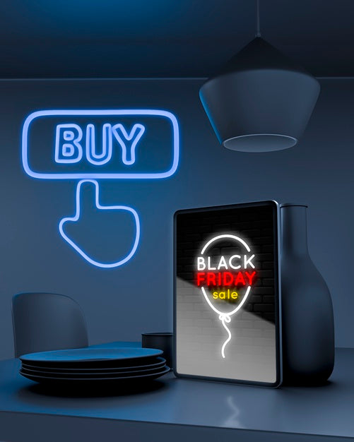 Tablet Mock-Up On Kitchen Counter With Blue Neon Lights Psd