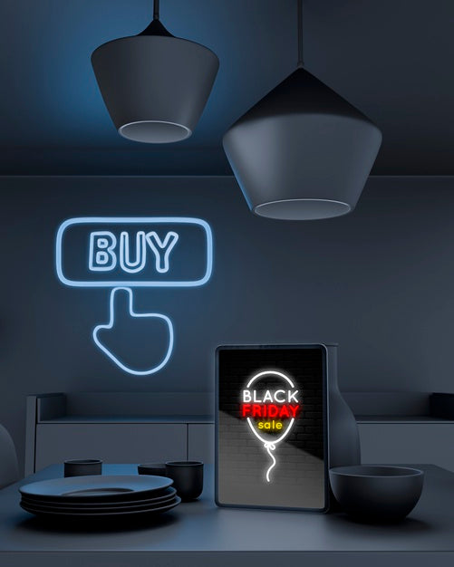 Tablet Mock-Up On Table With Blue Neon Lights Psd