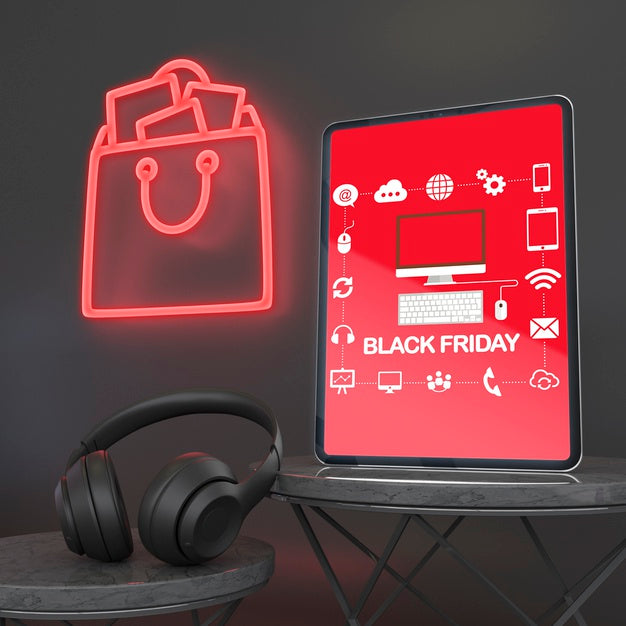 Tablet Mock-Up With Neon Lights And Headphones Psd
