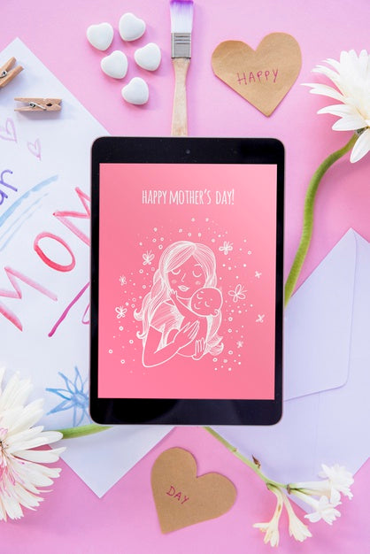 Tablet Mockup With Flat Lay Mothers Day Composition Psd