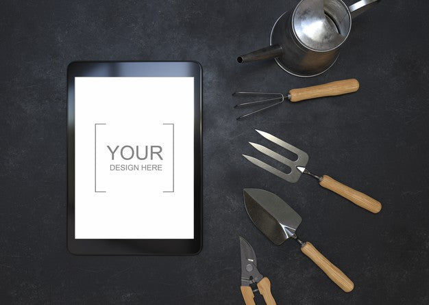 Tablet Mockup With Gardening Tools Psd