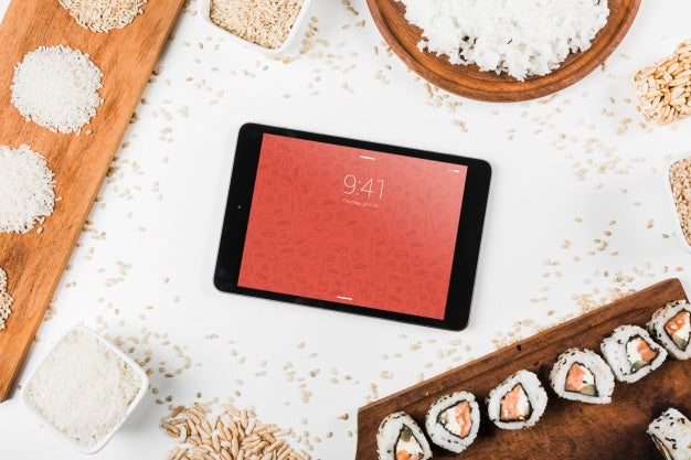 Tablet Mockup With Japanese Food Mockup Psd