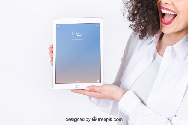 Tablet Mockup With Joyful Woman Psd