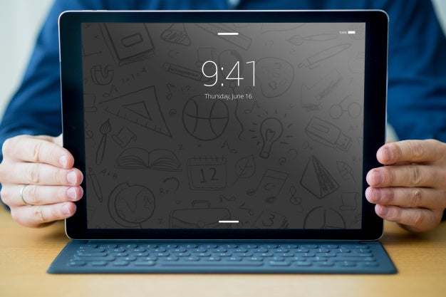 Tablet Mockup With Keyboard And Man Psd