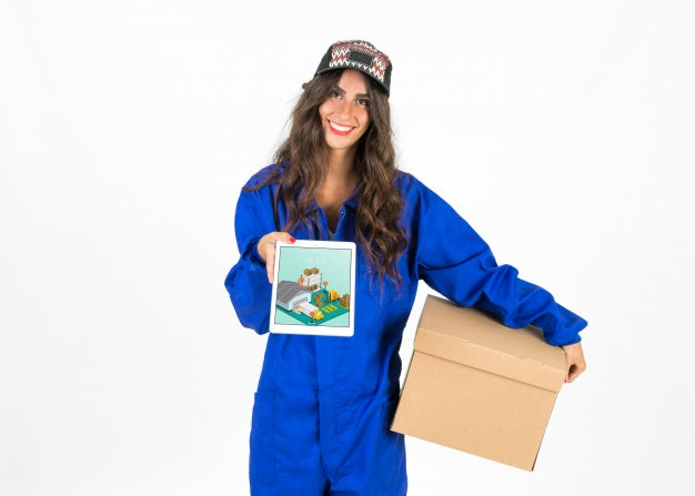 Tablet Mockup With Worker Woman Psd