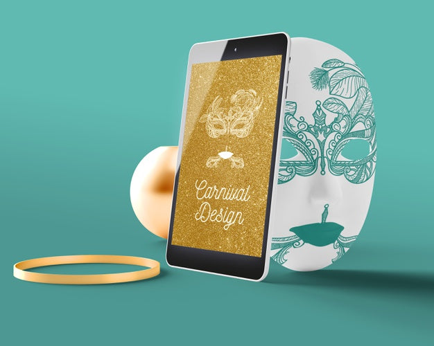 Tablet On Carnival Mask Mock-Up Psd