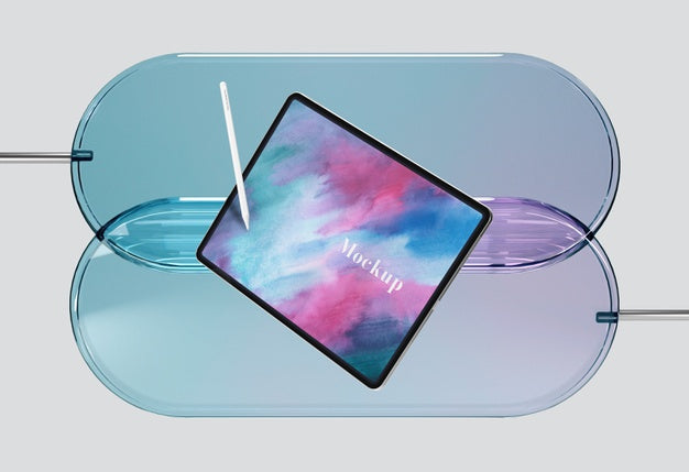 Tablet With Pen On Glass Support Psd