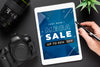 Tablet With Sales Promotion For Cameras Psd