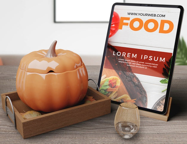 Tablet With Thanksgiving Day Food Concept Psd