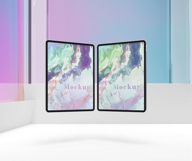 Tablets In Book Shape With Glass Psd