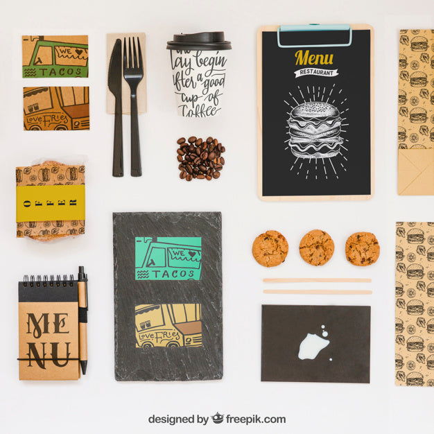 Take Away Food Mockup With Various Objects Psd