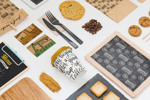 Take Away Food Mockup With Various Objects Psd