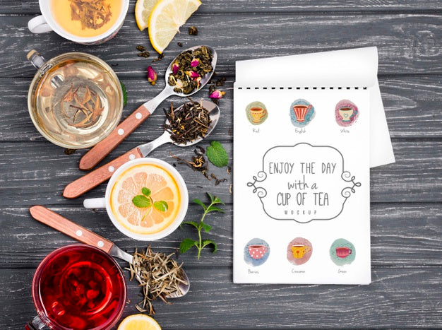 Tea Concept On Wooden Table Mock-Up Psd