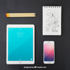 Technological Devices, Pencils And Notebook With Drawing Psd