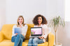 Technology Mockup With Women On Couch With Laptop And Tablet Psd