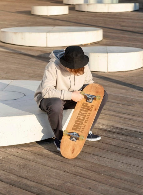 Teenager With Mock-Up Skateboard Outdoors Psd