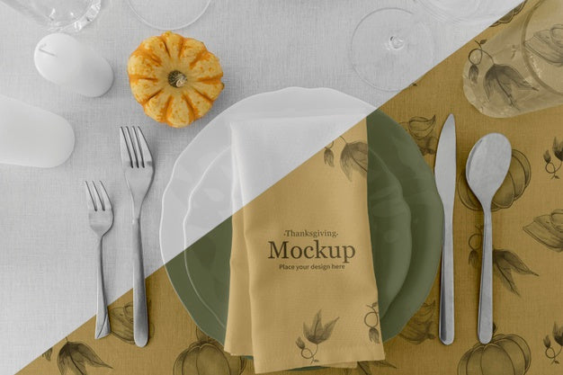 Thanksgiving Dinner Table Arrangement With Cutlery And Pumpkin Psd