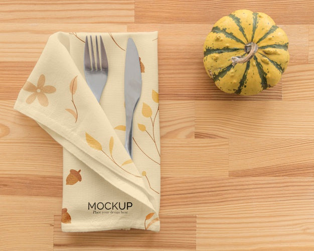 Thanksgiving Dinner Table Arrangement With Cutlery In Napkin And Pumpkin Psd