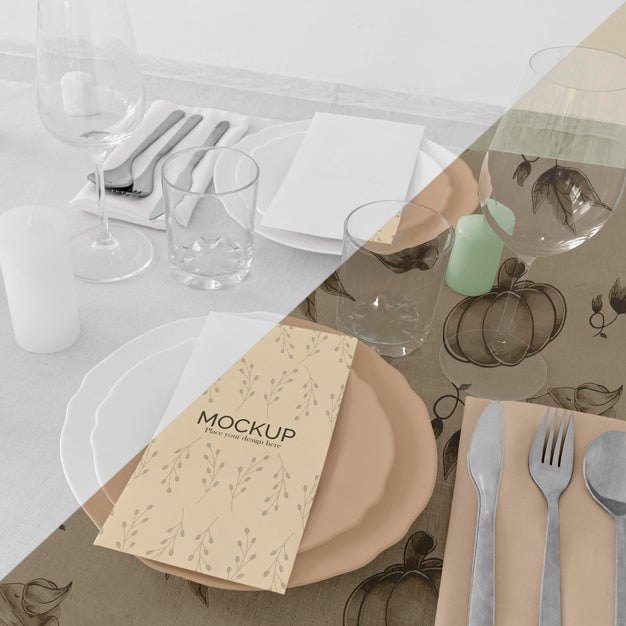 Thanksgiving Dinner Table Arrangement With Glasses And Plates Psd