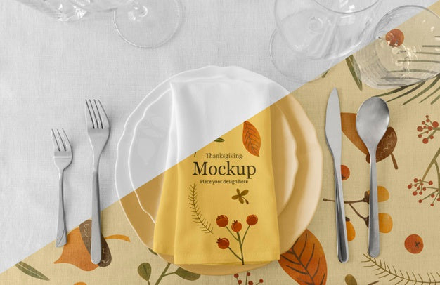Thanksgiving Dinner Table Arrangement With Napkin And Cutlery Psd