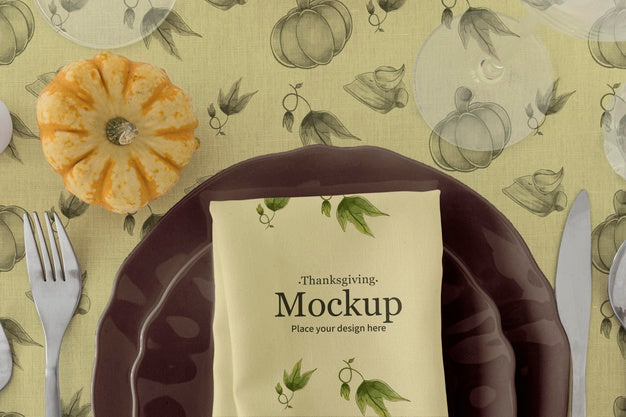 Thanksgiving Dinner Table Arrangement With Plate And Pumpkin Psd