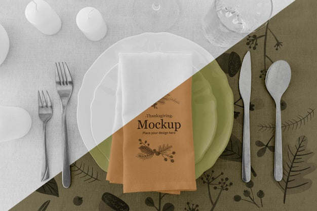 Thanksgiving Dinner Table Arrangement With Plates And Cutlery Psd